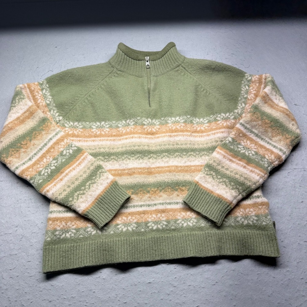 Woolrich Sweater Womens XL Sage Fair Isle Lambswool Quarter Zip Mock Neck Knit